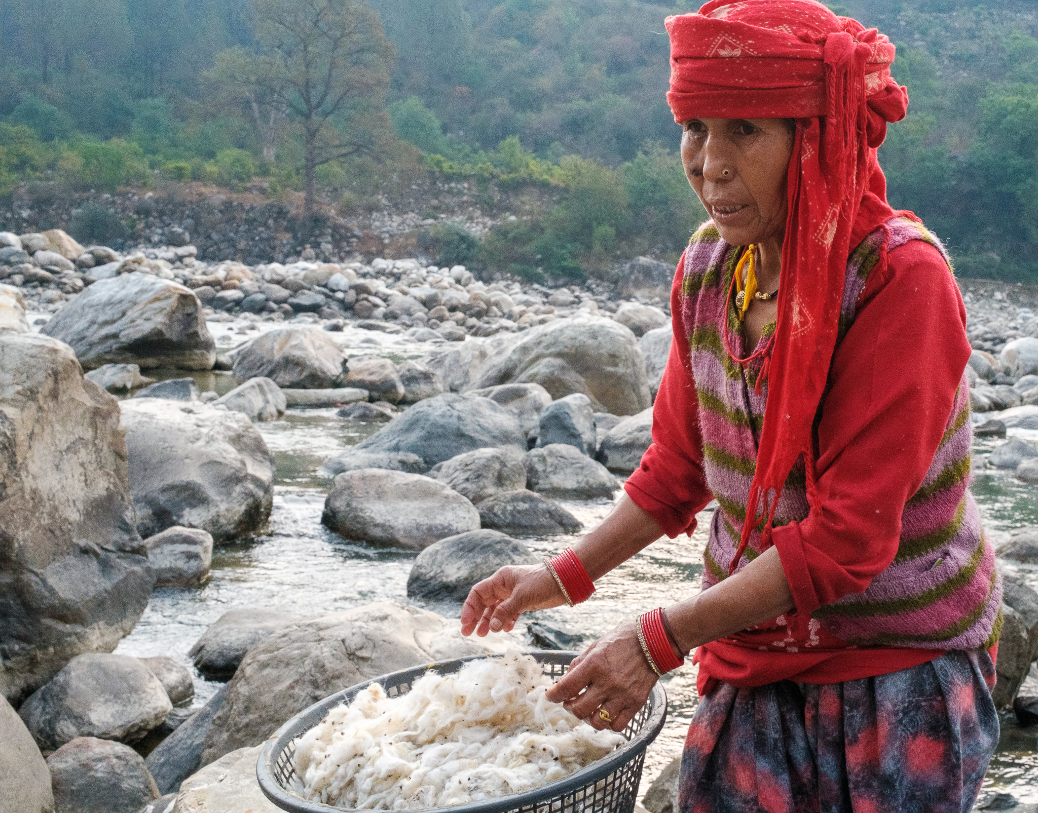 washing wool to make shawls