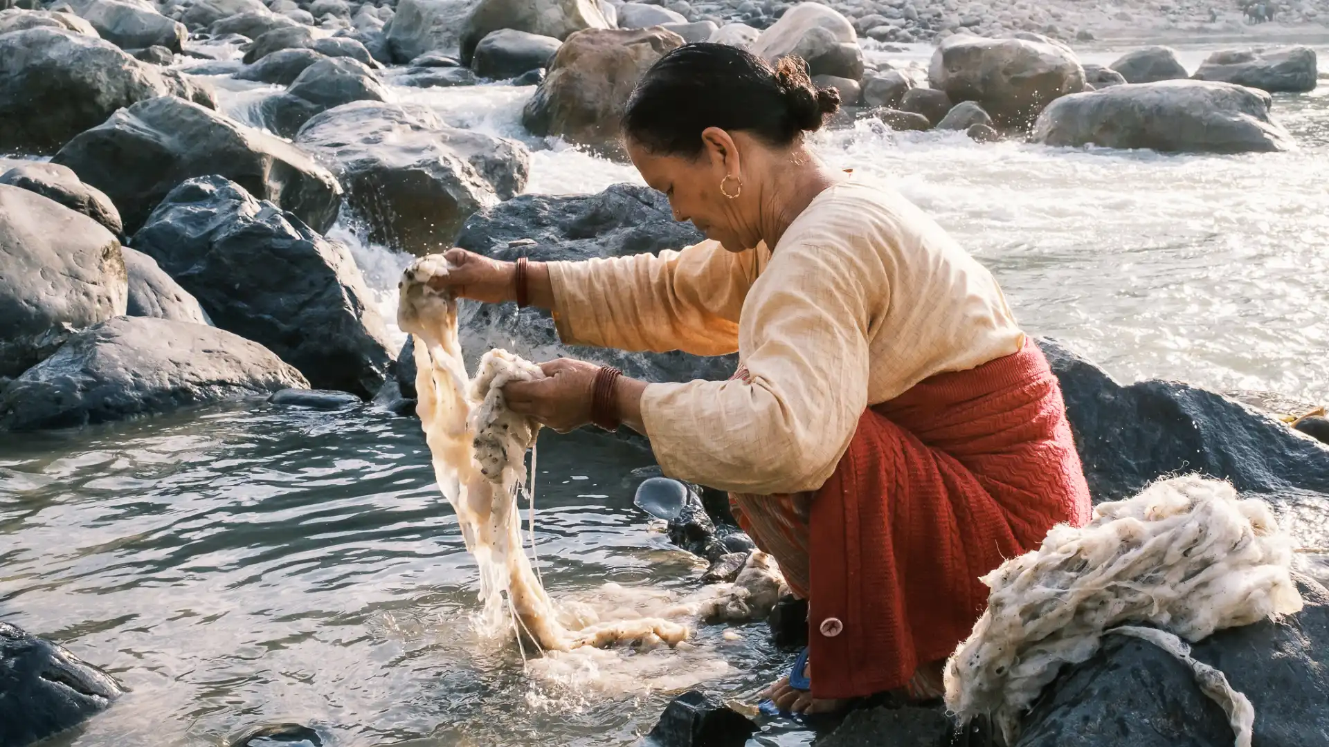 Lady washing sheep wool