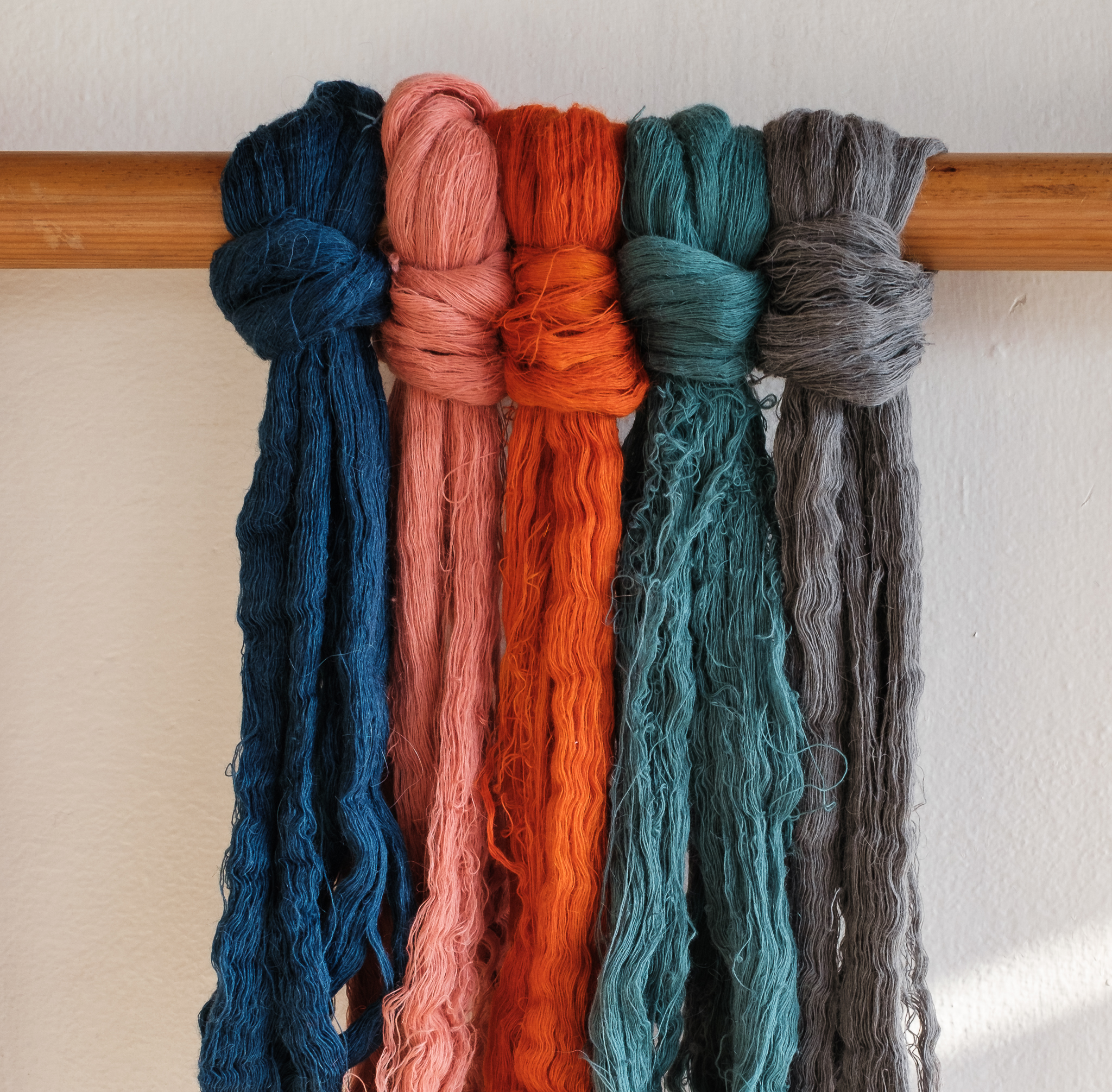 alpaca wool dyed with natural dyes, which Himalayan weavers will use for making shawls.